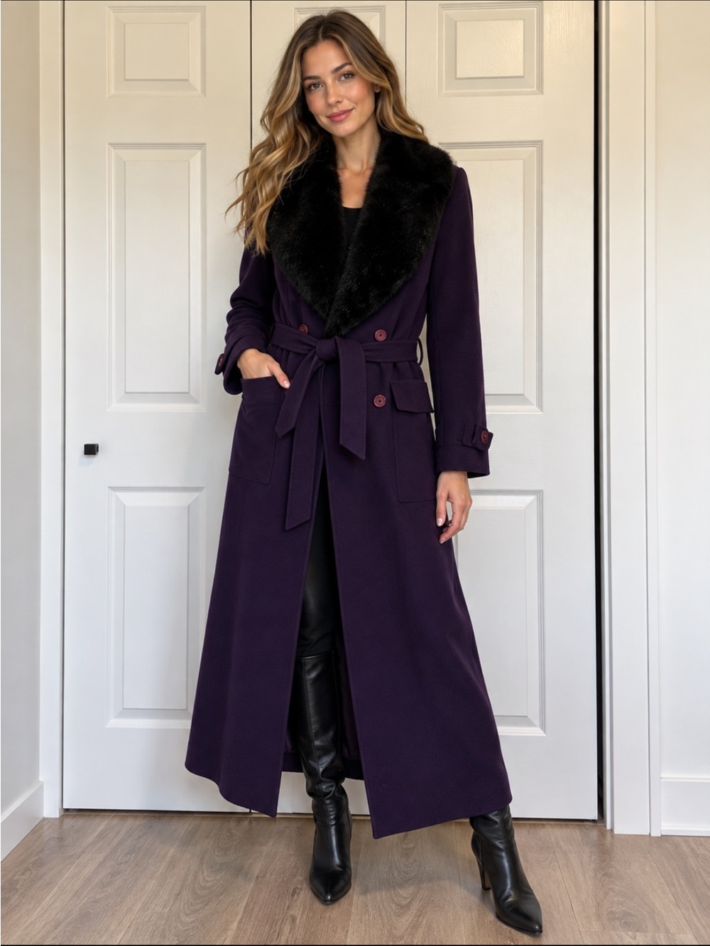 Vertigo Pour La Ville Paris Purple Wool Maxi Coat Faux Fur Collar Size L France